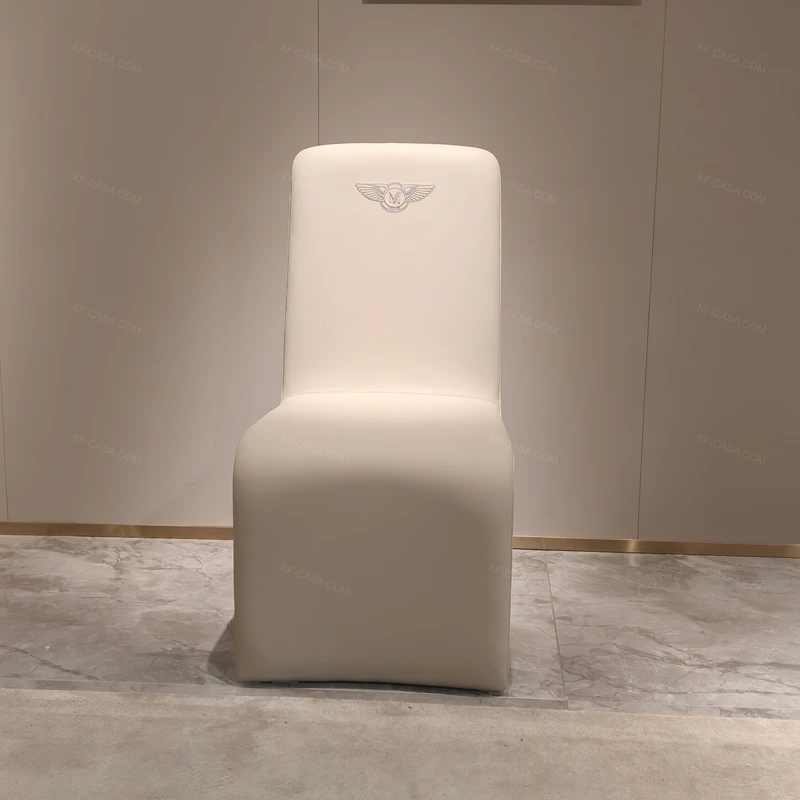 Natural Wood Veneer & White Leather Dining Chair with Wing Emblem